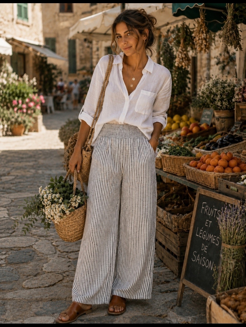 Striped Linen Blend Wide Leg Pants | Coastal Cottagecore Size S